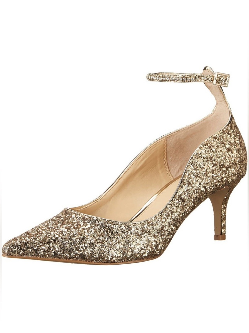 Jewel Badgley Mischka gold glitter ankle strap kitten heels “Jamila”